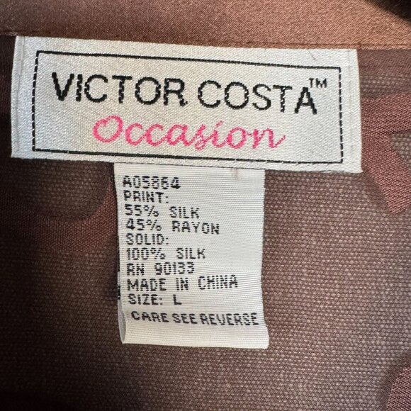 Victor Costa Occasion Brown Sheer Silk Satin Print Long Sleeve Tunic Top Size L - Picture 10 of 10